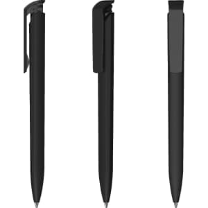 A black plastic pen with a soft-touch high gloss finish and a clip, displayed from three angles.