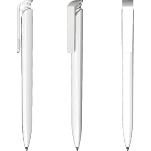 Three white plastic pens featuring a soft touch finish and high gloss accents, each with a clip.