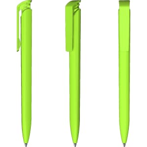 A high-gloss green plastic pen with a clip, displayed from three different angles.