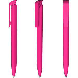 A set of three pink plastic pens with a high gloss finish and built-in clips. Each pen has a sleek design.