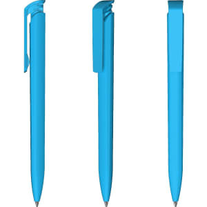 A triad of blue plastic pens with a sleek design and glossy finish, featuring clips.