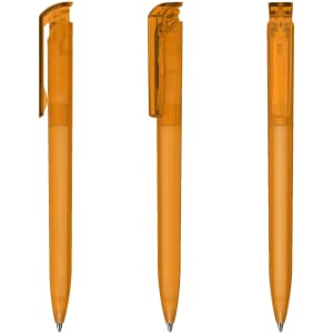An orange transparent plastic pen with a clip, shown from multiple angles. It features a simple design and a logo.