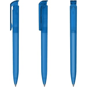 A transparent blue plastic pen with a clip, featured from three different angles. Includes a logo on the barrel.