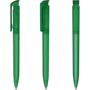 A set of transparent green plastic pens displayed from different angles, featuring a clip and a smooth tip.