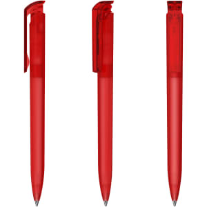 A set of three transparent red plastic pens, displaying different angles and a clip design.