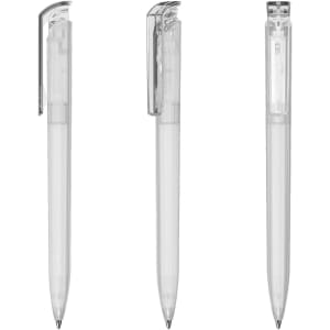 A transparent plastic pen with a silver clip, featuring a minimalist design and smooth barrel.