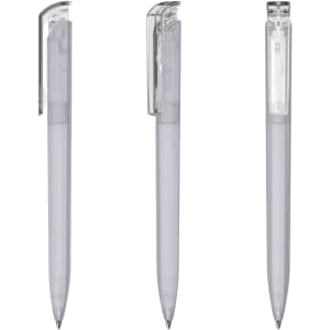 A transparent grey plastic pen with a silver clip, shown from three different angles. It features a simple design and sleek finish.