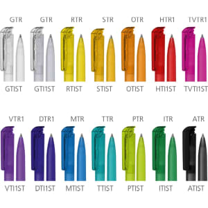 A range of plastic pens in various colours including purple, orange, yellow, and black, with a logo on the pens.