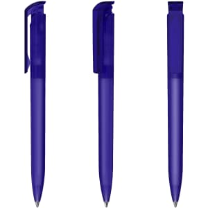 A set of three transparent blue plastic pens with clips and smooth barrels, featuring a logo on one side.