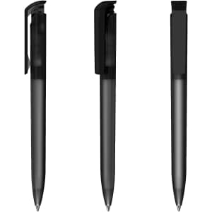 A transparent black plastic pen with a smooth finish and a clip, displayed from three angles.