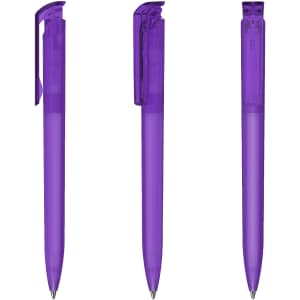 A set of three transparent purple plastic pens, featuring a sleek design and clip.