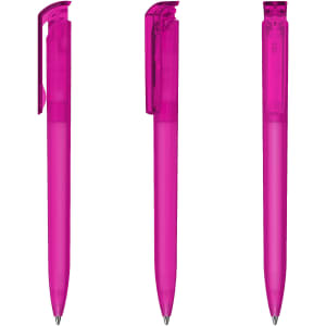 A set of three pink transparent plastic pens with a sleek design and clips, featuring a visible mechanism.