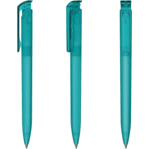 A transparent turquoise pen with a clip, featuring different angles to showcase its design.