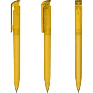 A set of transparent yellow plastic pens with a click mechanism and a pocket clip.