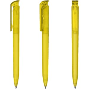 A transparent yellow plastic pen featuring a clip and a smooth writing tip, displayed from different angles.