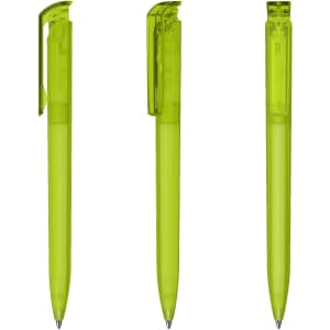 A collection of three transparent green plastic pens, each with a clip and a smooth writing tip.