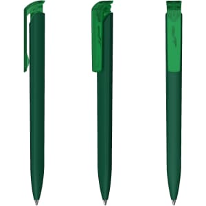 A green plastic pen with a transparent clip, featuring a sleek design. It has a logo on the side.