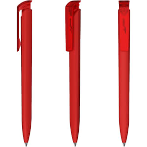 A red plastic pen featured from three angles, with a clip and a logo on its body.