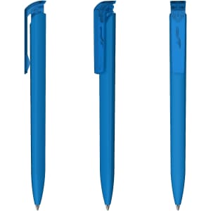 A blue plastic pen with a transparent cap and a clip, displayed from three different angles.
