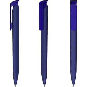 A transparent blue plastic pen with a smooth grip and a clip, displayed from multiple angles.