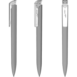 A set of three grey plastic pens with a transparent clip and a sleek design. Features a logo on the clip.