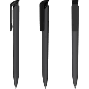 A set of three transparent plastic pens in black, showcasing different angles and features, including a clip and tapered end.