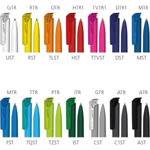 A variety of plastic pens in multiple colours, featuring transparent barrels and clips, with logos present.