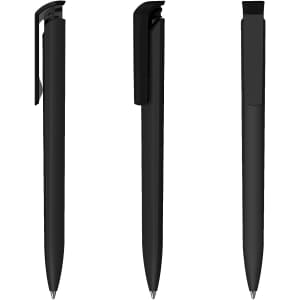 A sleek black plastic pen featuring a smooth surface and a clip, displayed from three angles.