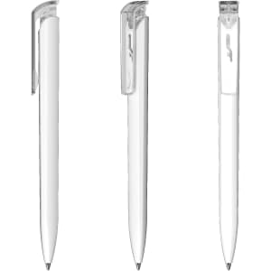 A plastic pen in white with a transparent clip, featuring a sleek design and a branding logo.