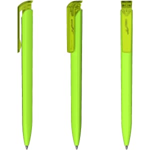 A bright green plastic pen with a transparent cap and clip, featuring a logo.