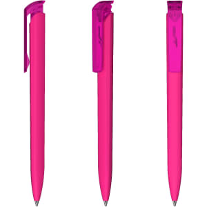 A pink plastic pen with a transparent cap, featuring a clip and a smooth barrel design.