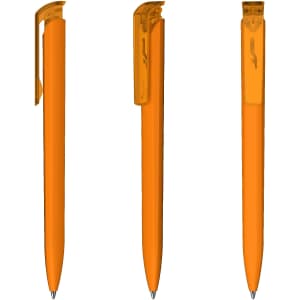 An orange plastic pen with a transparent clip, displayed from multiple angles. Features a simple design and functional details.