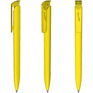 A yellow plastic pen with transparent accents, featuring a clip and a smooth writing tip.