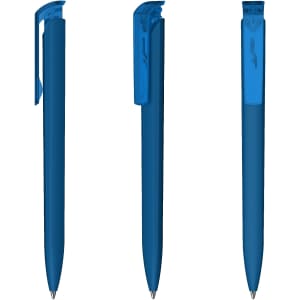 A plastic pen with a transparent blue body and a matching clip, featuring a logo on the side.