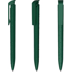 A set of three high-gloss green plastic pens with a sleek design and textured grip. Each pen features a clip.