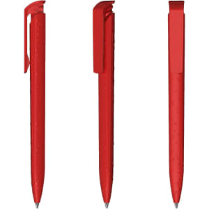 A set of three red plastic pens with high gloss finishes, featuring clips and a smooth design.