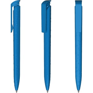 A blue plastic pen featuring a high gloss finish and a clip, displayed from three angles.
