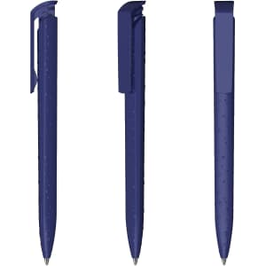 A set of three high gloss navy plastic pens featuring a clip and textured grip. Each pen has a logo.