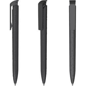 A high-gloss black plastic pen with a sleek design and a clip, featuring a textured surface for grip.