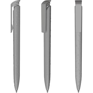 A high gloss grey plastic pen with a clip, featuring a smooth design and a sleek finish.
