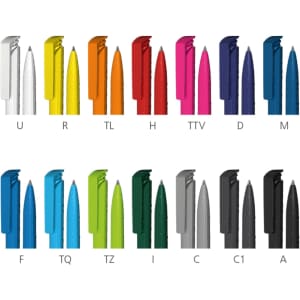 A selection of plastic pens in various colours including blue, orange, green, black, and silver, arranged in two rows.