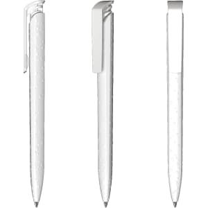 A clear, high-gloss plastic pen with a sleek design and silver accents. Includes a clip and features a branding logo.