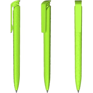 A high gloss green plastic pen displayed from three angles, featuring a clip and a textured grip.
