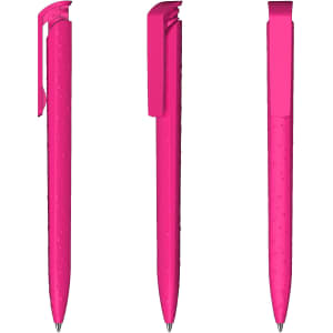 A pink plastic pen with a textured grip and a clip, shown from three different angles.