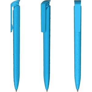 A high gloss blue plastic pen, featuring a unique textured grip and a clip for easy attachment. It has a logo displayed.