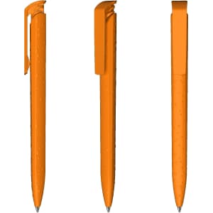 An orange high gloss plastic pen with a clip, displayed from multiple angles.