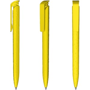A bright yellow plastic pen with a sleek design and a clip, displayed from three angles.