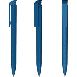 A plastic pen with a high gloss finish in a deep blue colour, featuring a clip and a sleek design.