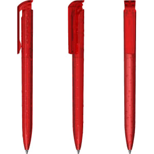 Three transparent red plastic pens, showcasing different angles, with a simple design and a clip.