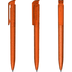 A set of transparent orange plastic pens arranged in three positions, featuring a brand logo on one.